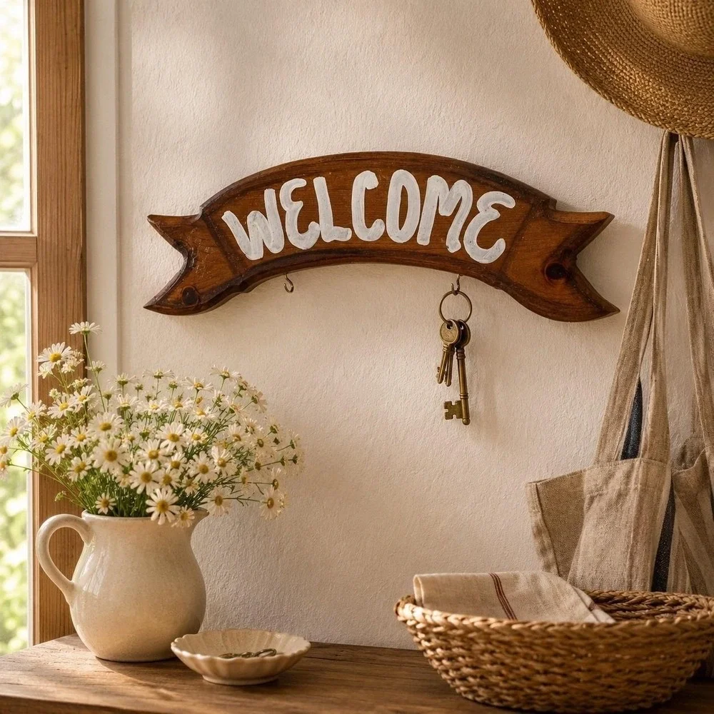 Rustic Wooden Welcome Key Holder | Hand-Painted Vintage Entryway Sign